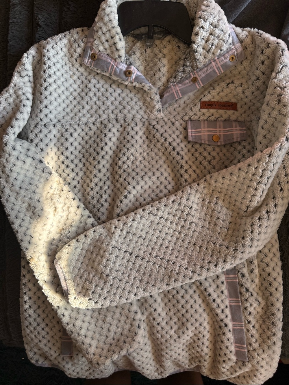 Simply Southern Cream Textured Zip-Up Pullover with Plaid Trim